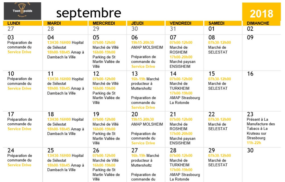 Calendrier tootopoids septembre 2018